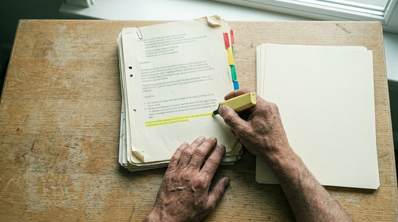 Hands comparing printed records on a desk in daylight