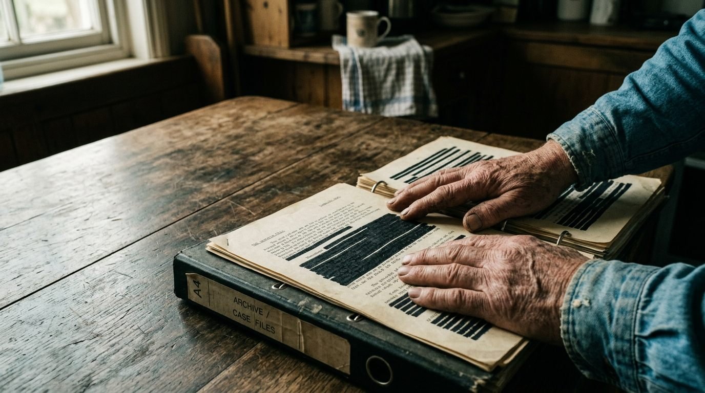 Hands resting on an open file of redacted pages